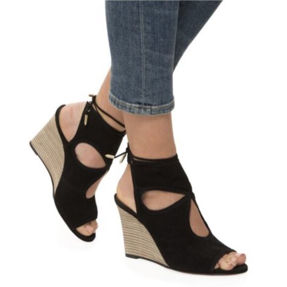 Aquazzura Black Suede Sexy Thing Wedge Open Booties, Mixed Sizes 36.5R, 36L ⬇️ - Picture 1 of 5